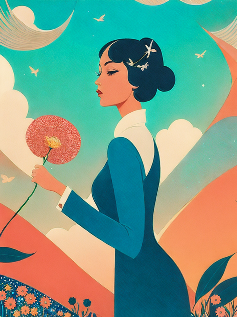 01062-2774576527-a painting of a woman holding a flower in her right hand and a sky in the background by Victo Ngai.png